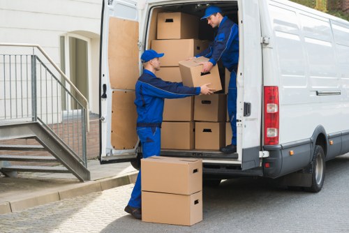 Boxes and furniture arranged for a North Finchley house move