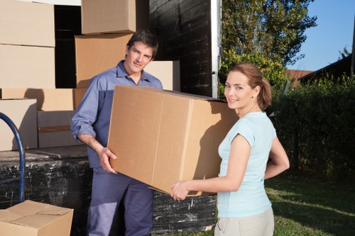 Moving equipment and protected furniture ready for unloading at a new property
