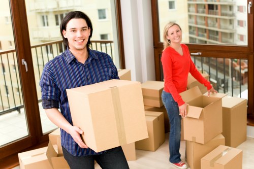 Northfinchley office relocation showing packed desks and labelled equipment